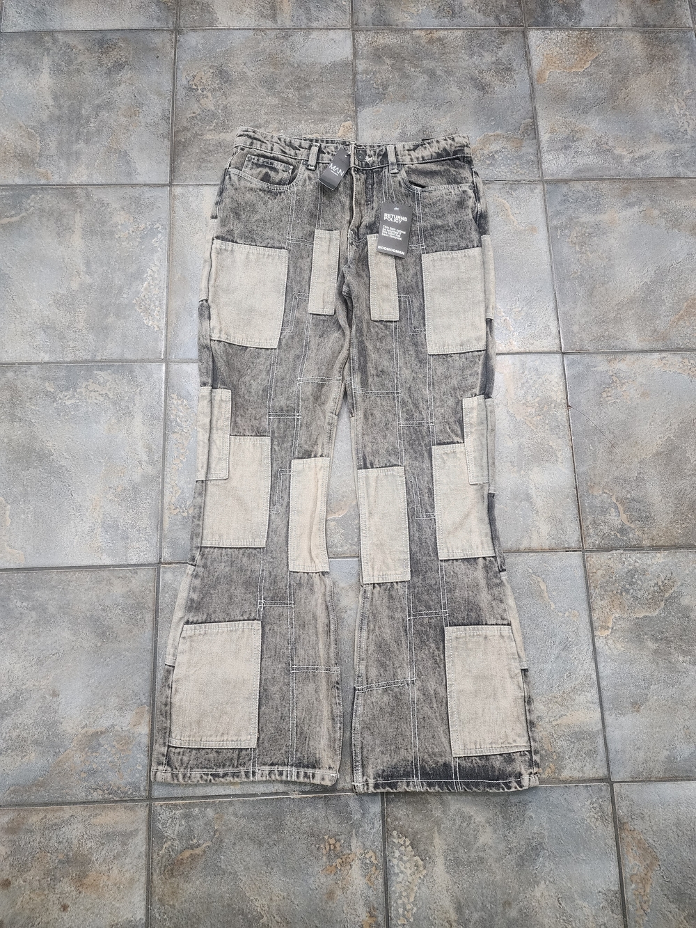 BooHooMAN Y2K Men's 34x33 (Tag 32R) Patchwork Flare Button Fly Denim Jeans NWT